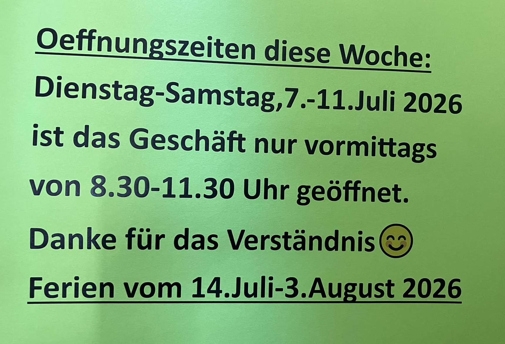Zur Info, Öffnungszeiten über die Sommerferien